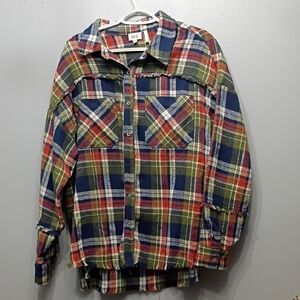 BKE Plaid Brown/Green Flannel Fringe  Long Sleeve SZ XL